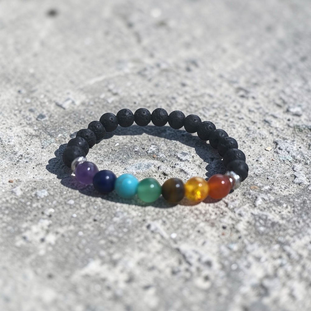✨ The Serenity Aura – Lava Stone & Seven‑Chakra Aromatherapy Bracelet